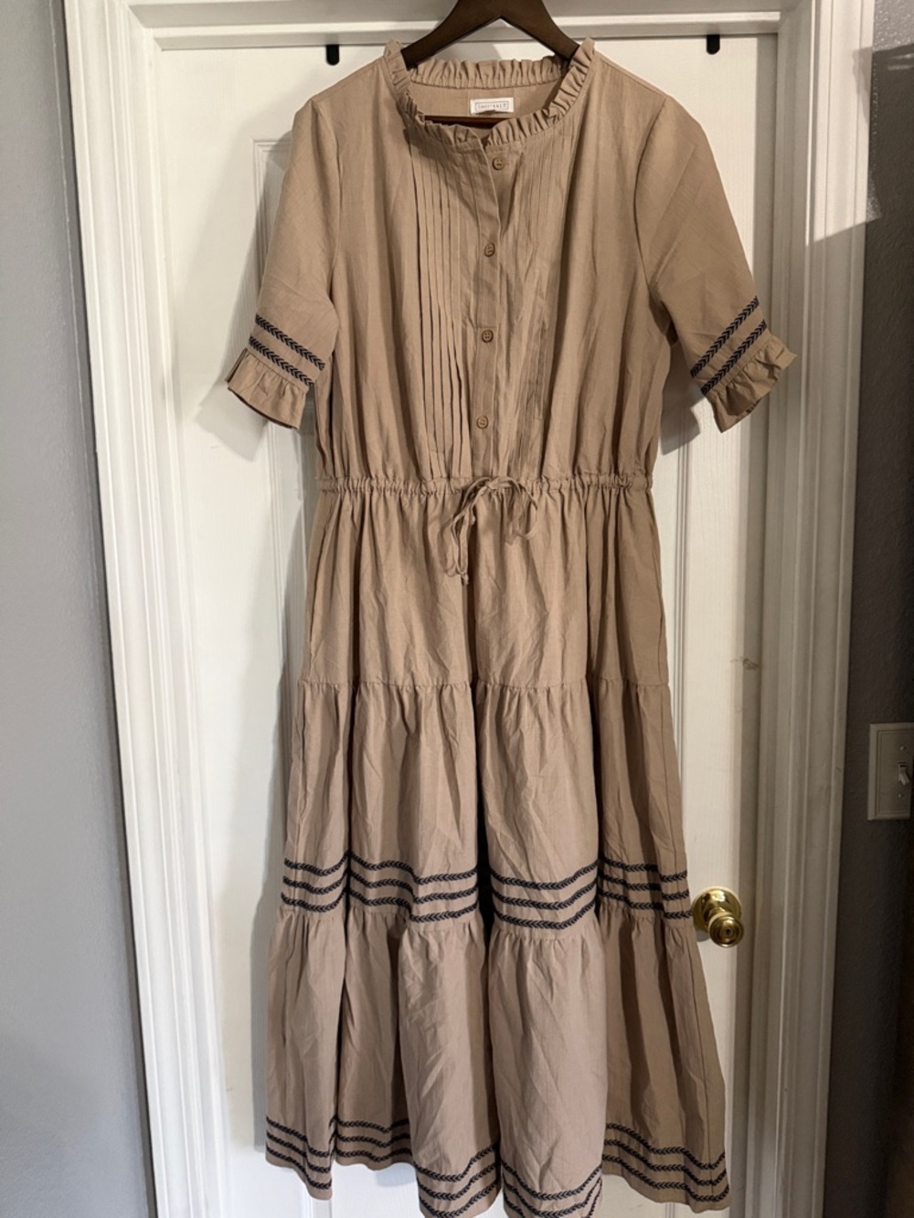 Tiered Beige Maxi Dress with Drawstring Waist